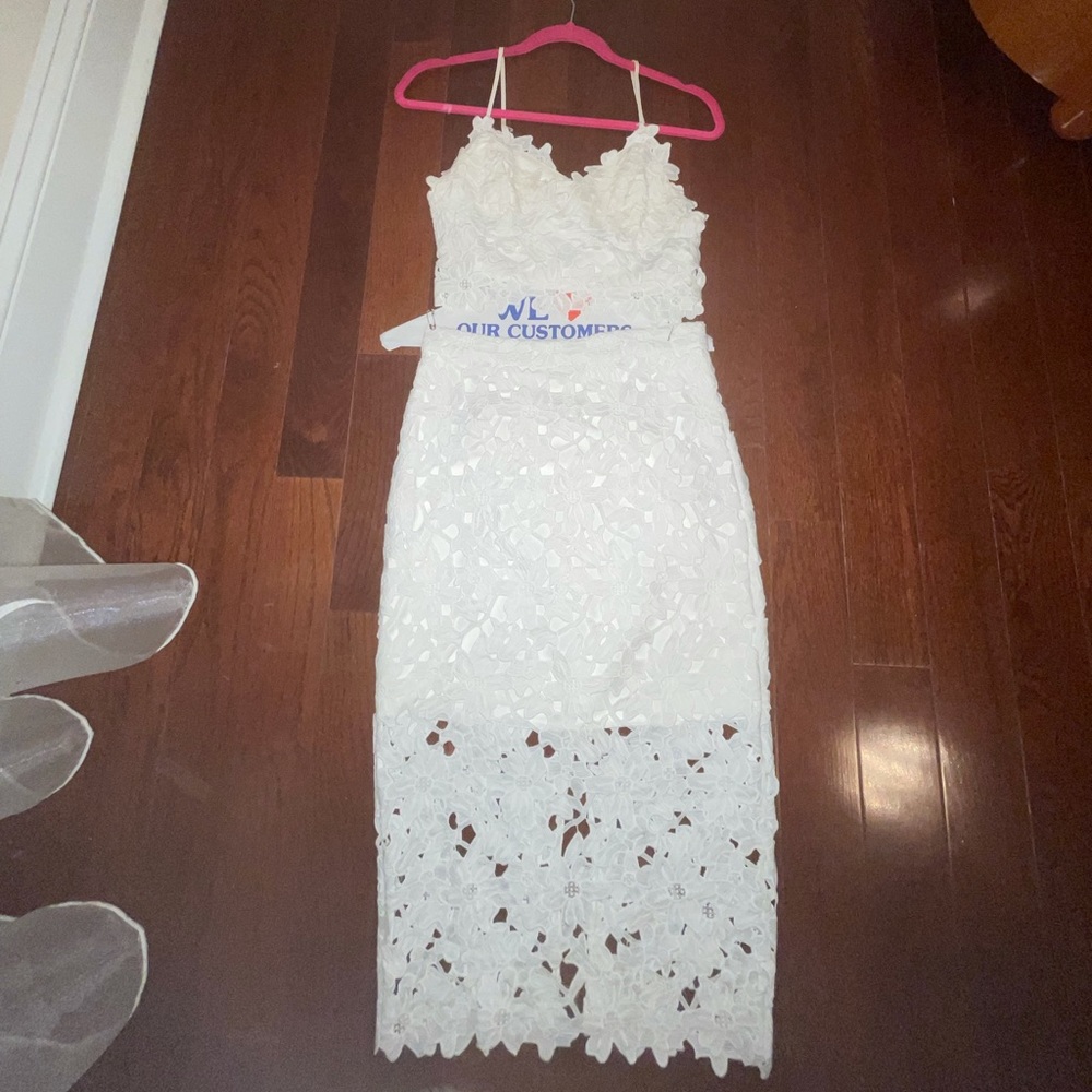 White lace Bardot two piece co-ord set.